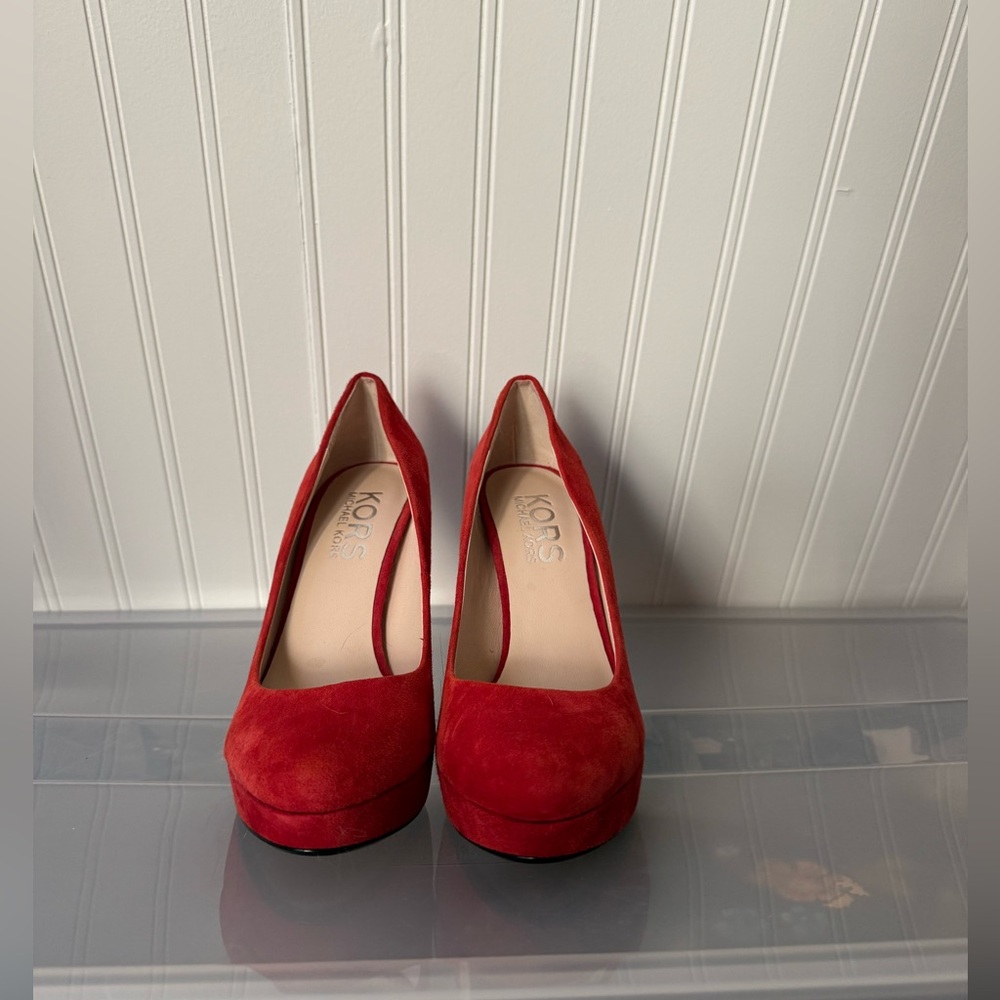Michael Kors red suede and snakeskin pumps